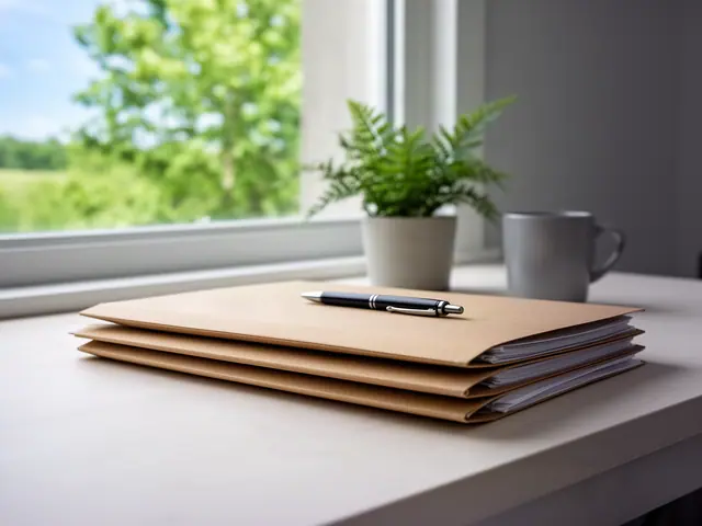 A neat stack of closed manila folders and a pen on a desk by a window.