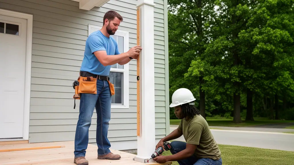 A man with short brown hair who owns a small residential home-building company at work.