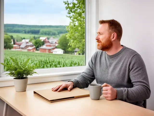A business owner at his desk with a closed folder and a mug, looking out at green fields.