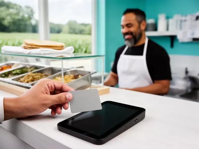 A customer taps a card on a counter terminal at a small taqueria counter.